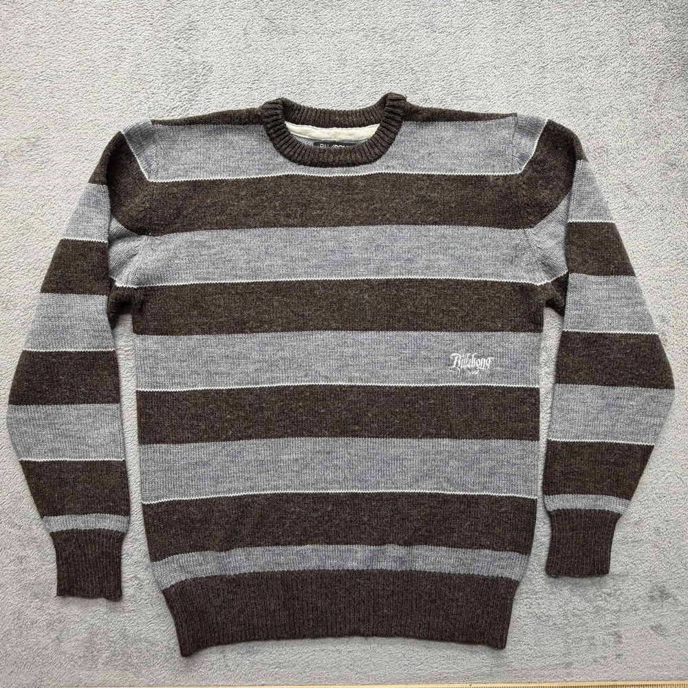 Billabong Sweater Mens XL Brown Gray Striped Wool Blend Crewneck Knit